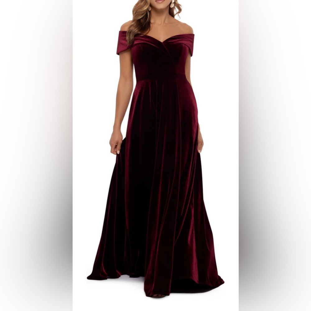 Xscape Off the Shoulder Velvet Gown Burgundy Size 12